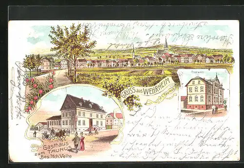 Lithographie Wehrheim i. T., Postamt, Ortsansicht