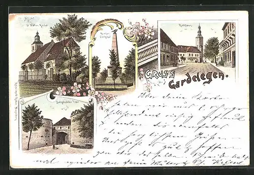 Lithographie Gardelegen, Kriegerdenkmal, St. Marien Kirche, Rathaus