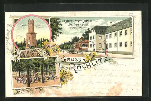 Lithographie Rochlitz, Gasthof Stadt Leipzig, Friedrich-August-Turm, Concert-Garten