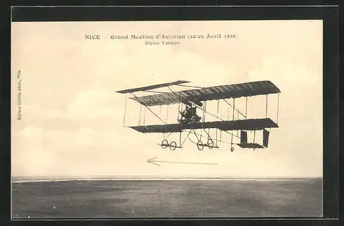 AK Nice, Grand Meeting d`Aviation 1910, Biplan Farman, Flugzeug in der Luft
