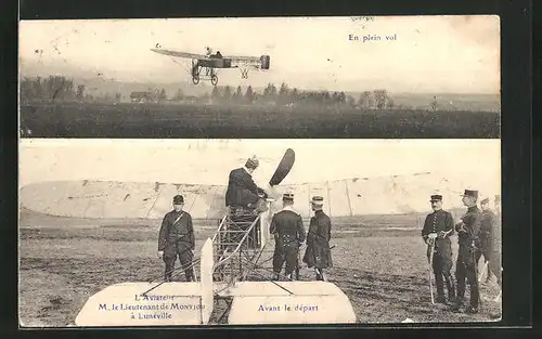 AK Lunéville, L`Aviateur M. le Lieutenant de Montjou, Avant lede'part, en plein vol