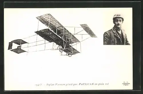 AK Biplan Farman piloté par Paulhan en plein vol, Pilot in seinem Flugzeug