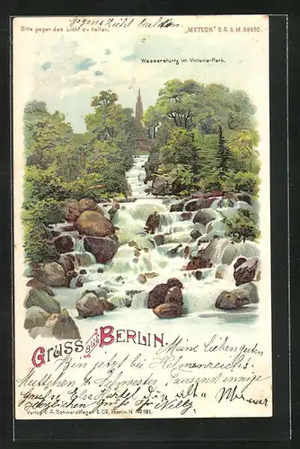 Lithographie Berlin, Wassersturz im Victoria-Park, Halt gegen das Licht