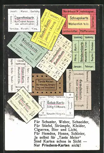 AK Briefmarken-Kontrollkarte, Schnapskarte und Zigarettenkarte, Kriegsnot