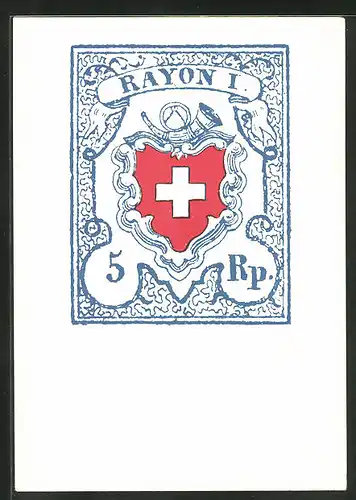 AK Schweizer Briefmarke 5 Rappen, Rayon I., Posthorn und Wappen