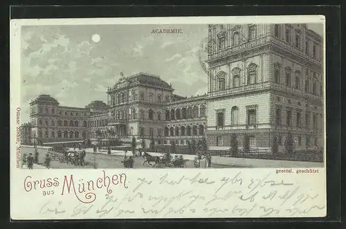 Mondschein-Lithographie München, Akademie, Kutsche, Strassenpartie