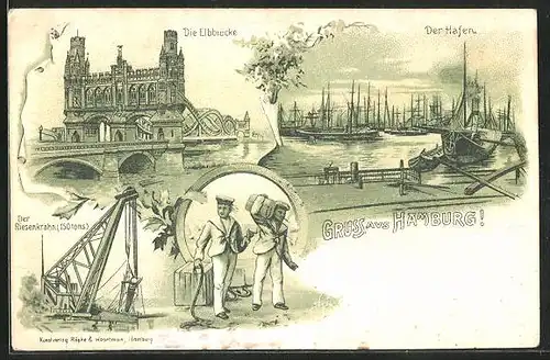 Lithographie Hamburg, Die Elbbrücke, Der Hafen, Der Riesenkrahn