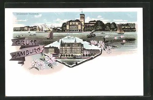 Lithographie Hamburg-Uhlenhorst, Hamburger Hof, Uhlenhorst Fährhaus