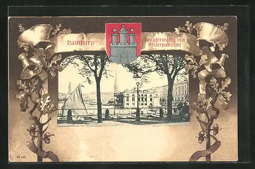 AK Hamburg-Neustadt, Jungfernstieg mit Alsterpavillon, Passepartout-Rahmen, Wappen