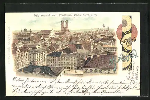 Lithographie München, Totalansicht vom Protestantischen Kirchturm