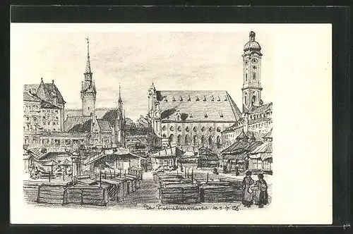 Künstler-AK München, Viktualienmarkt mit Rathaus und Heiliggeistkirche