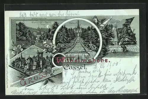 Lithographie Kassel, Löwenburg, Wilhelmshöhe, Kaskaden