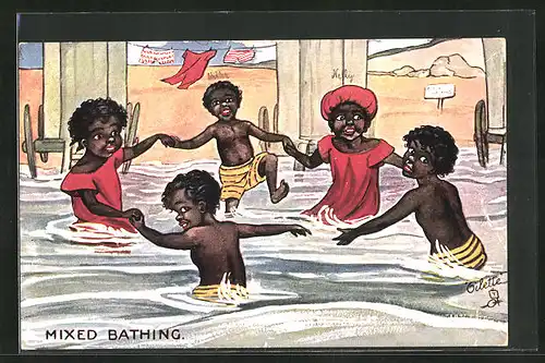 AK Farbige Kinder baden gemeinsam, Afrikanische Volkstypen