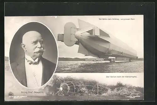 AK Echterdingen, Portrait Ingenieur Graf Zeppelin, Ballon beim Aufstieg