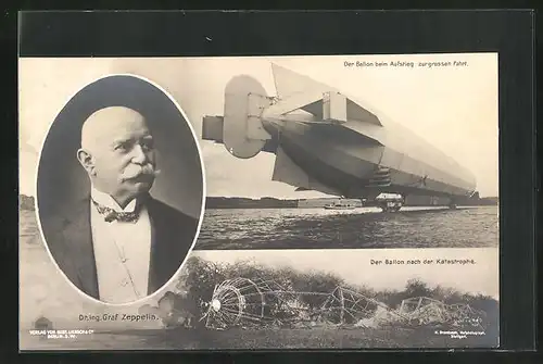 AK Echterdingen, Portrait Dr. Ing. Graf Zeppelin, Ballon beim Aufstieg, Brennender Zeppelin