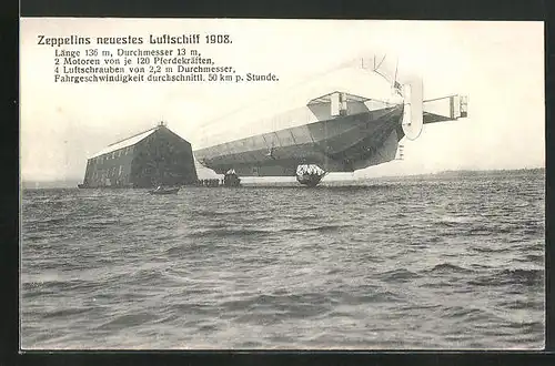 AK Luftschiff Zeppelin 1908, Luftschiffhalle am Wasser