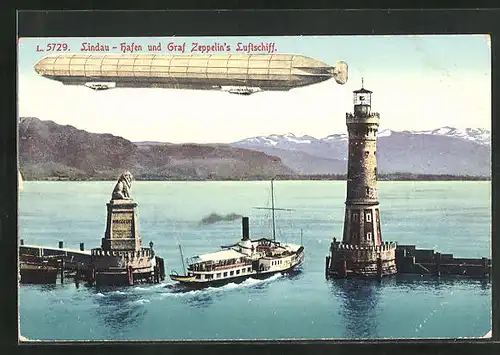 AK Lindau, Hafen und Graf Zeppelin`s Luftschiff, Alpenkette