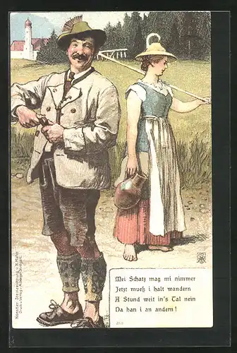 AK Mann und Frau in bayerischer Tracht im Streit