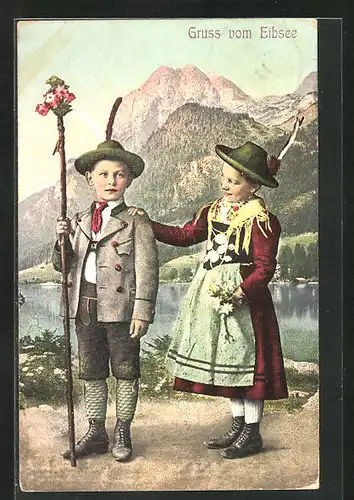AK Junge und Mädchen in bayerischen Trachten am Eibsee