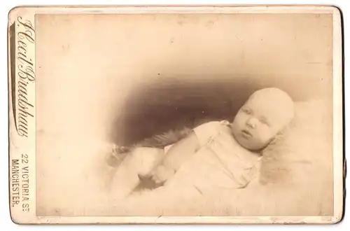 Fotografie I. Cecil Bradshaw, Manchester, Victoria St. 22, Kleinkind in weissem Laibchen liegt auf Felldecke