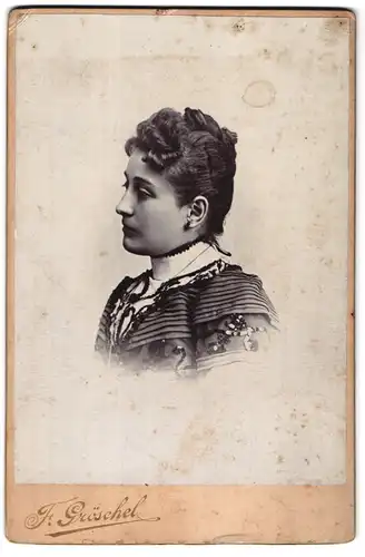 Fotografie F. Gröschel, Rumburg, Klostergasse, Junge Dame mit eingedrehten Haaren trägt besticktes Kleid