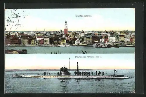 AK Kiel, Deutsches U-Boot verlässt den Hafen, Stadtpanorama