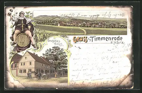 Lithographie Timmenrode a. Harz, Gasthaus Deutsches Haus, Totalansicht