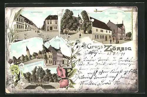 Lithographie Zörbig, Kirche, Schloss, Kriegerdenkmal