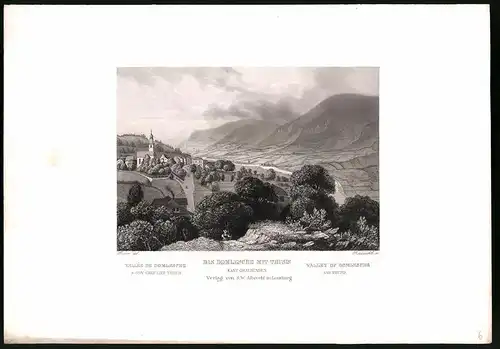 Stahlstich Domleschg mit Thusis, Kanton Graubünden, Stahlstich von Rüdisühli um 1865, 31.5 x 23cm