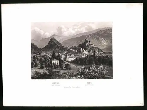 Stahlstich Sitten, Kanton Wallis, Stahlstich von Rüdisühli um 1865, 31.5 x 23cm
