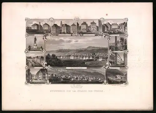 Stahlstich La Chaux de Fonds, Rue du Versoix, Rue de la Balance, Stahlstich von Rüdisühli um 1865, 31.5 x 23cm
