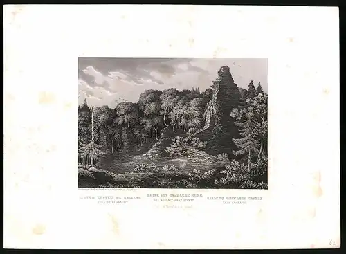 Stahlstich Ruine von Gesslers Burg, Küsnacht, Kanton Schwyz, Stahlstich von Rüdisühli um 1865, 31.5 x 23cm