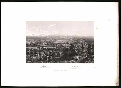 Stahlstich Zürich, von der Wied aus, Stahlstich von Rüdisühli um 1865, 31.5 x 23cm