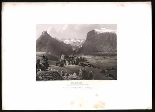 Stahlstich Engelberg, gegen den Titlis, Kanton Unterwalden, Stahlstich von Rüdisühli um 1865, 31.5 x 23cm