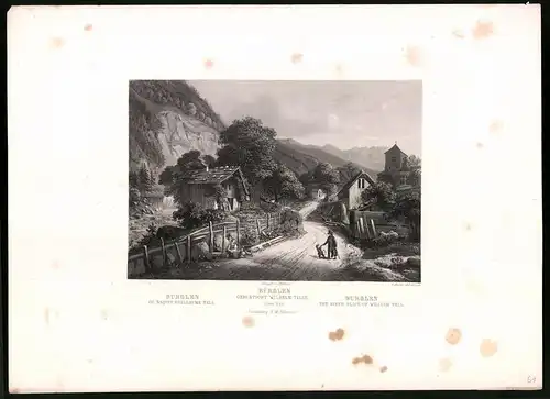 Stahlstich Bürglen, Geburtsort Wilhelm Tell`s, Kanton Uri, Stahlstich von C. Huber um 1865, 31.5 x 23cm