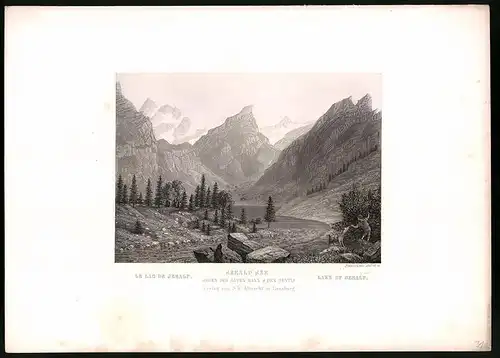 Stahlstich Seealp See, gegen den Alten Mann & Sentis, Stahlstich von Rüdisühli um 1865, 31.5 x 23cm