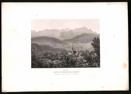 Stahlstich Gais, gegen Appenzeller Hochgebirge, Stahlstich von Rüdisühli um 1865, 31.5 x 23cm