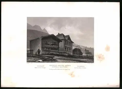 Stahlstich Zwingli`s Geburtstätte, bei Wildhaus, Kanton St. Gallen, Stahlstich von Rüdisühli um 1865, 31.5 x 23cm