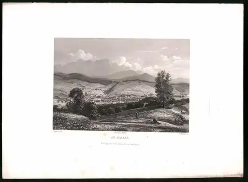 Stahlstich St. Gallen, Stahlstich von C. Huber um 1865, 31.5 x 23cm