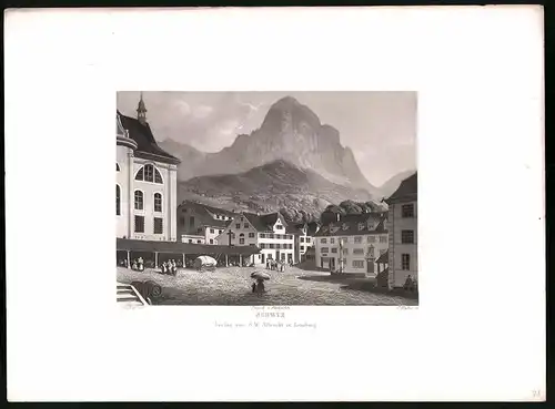 Stahlstich Schwyz, Stahlstich von C. Huber um 1865, 31.5 x 23cm