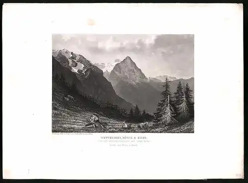 Stahlstich Wetterhorn, Mönch & Eiger, von der grossen Scheidegg aus, Kanton Bern, Stahlstich von Rüdisühli um 1865