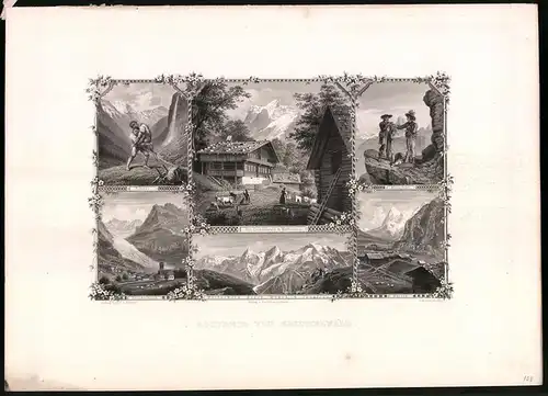 Stahlstich Grindelwald, Alpenjäger, Mürren, Stahlstich von Rüdisühli um 1865, 31.5 x 23cm