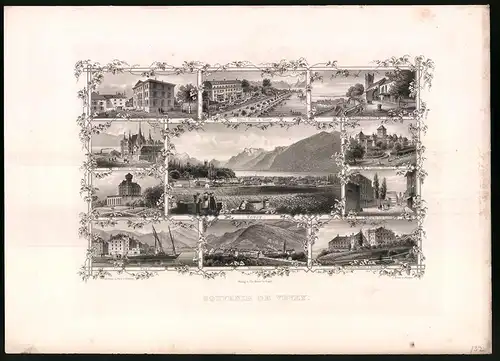 Stahlstich Vevey, Hotel See, Chateau Chillon, Stahlstich von Rüdisühli um 1865, 31.5 x 23cm
