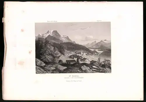 Stahlstich St. Maria, Grisons, Kanton Graubünden, Stahlstich von C. Huber um 1865, 31.5 x 23cm
