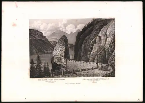 Stahlstich Partie an der Axenstrasse, gegen Selisberg, Kanton Uri, Stahlstich um 1865, 31.5 x 23cm