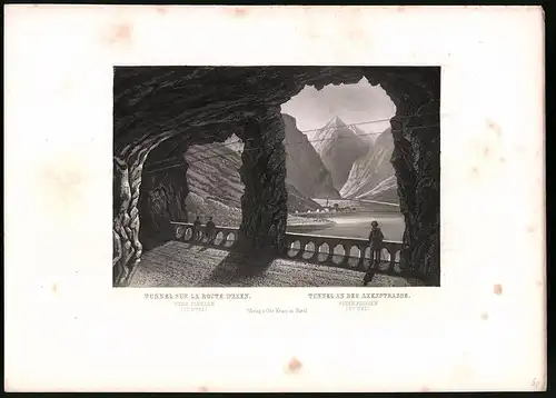 Stahlstich Tunnel an der Axenstrasse, gegen Fluelen, Kanton Uri, Stahlstich um 1865, 31.5 x 23cm