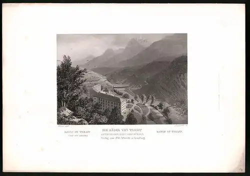 Stahlstich Bäder von Tarasp, Unterengadin, Kanton Graubünden, Stahlstich von Rüdisühli um 1865, 31.5 x 23cm