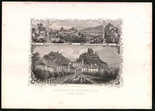 Stahlstich Sitten, Kanton Wallis, Majoria, Valeria, Stahlstich von Rüdisühli um 1865, 31.5 x 23cm