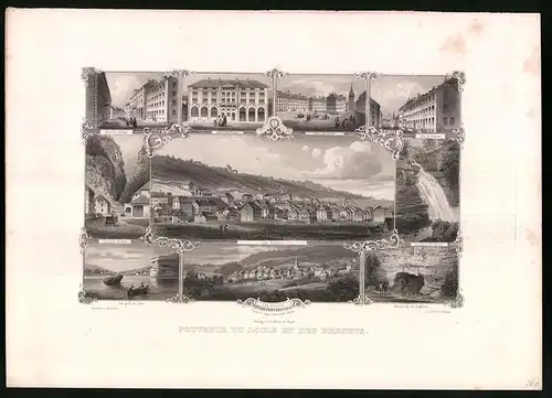 Stahlstich Locle et des Brenets, Hotel des Postes, Rue du Collège, Stahlstich von Rüdisühli um 1865, 31.5 x 23cm