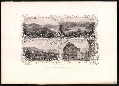 Stahlstich Zug, Felsenegg, Aegerisee, Stahlstich von Rüdisühli um 1865, 31.5 x 23cm